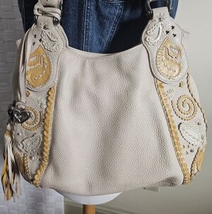 Brighton Melania Leather Paisley Cream And Yellow Hobo Bag